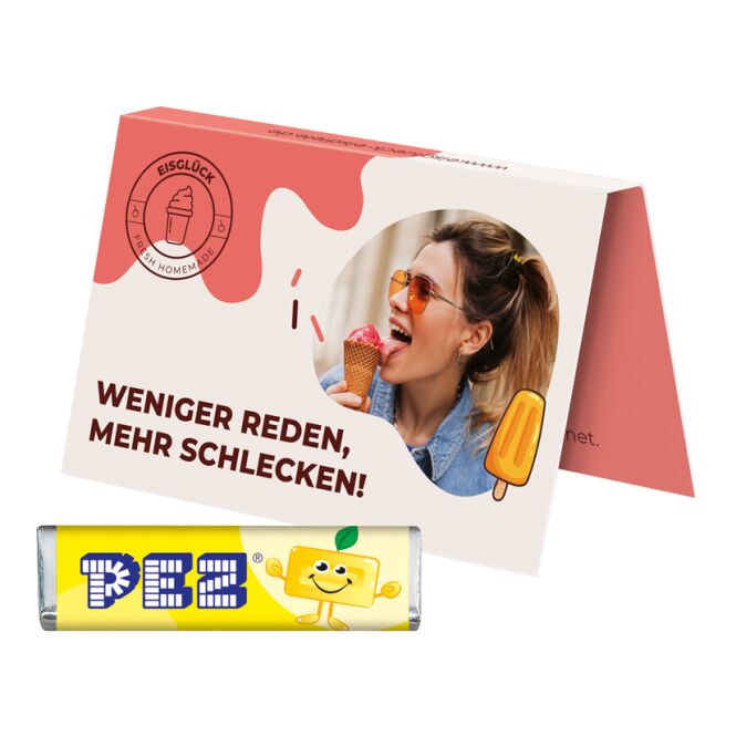 Streuartikel PEZ Werbekarte Visitenkartenformat – mit süßer pez füllung – mit individuellem werbeaufdruck für messen und events für kunden