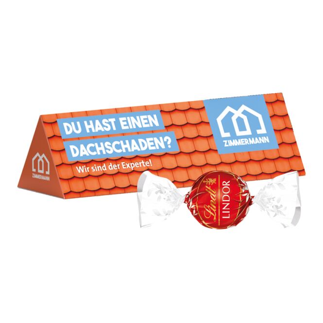 Firmengeschenk Lindt Lindor Mini Kugeln – weiss – mit individuellem Etikett 50 g als exklusives Werbemittel für Ihre treuen Geschäftspartner