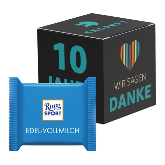 Firmengeschenk Ritter SPORT mini Würfel – verschiedene sorten – inkl. Werbeaufdruck, ideal als Werbemittel auf Messen für Kunden und Partner