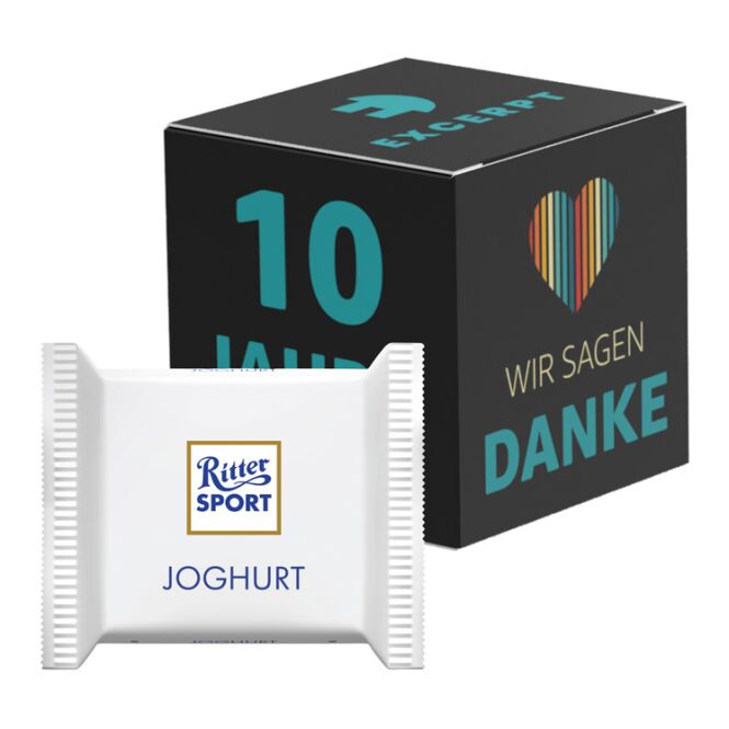 Firmengeschenk Ritter SPORT mini Werbewürfel – mit verschiedenen sorten – inkl. Werbeaufdruck als Werbemittel für Geschäftspartner