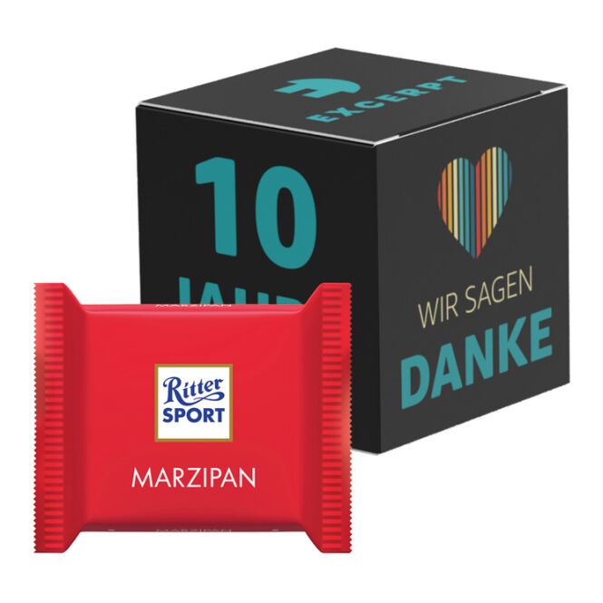 Premium-Werbeartikel Ritter SPORT mini Werbewürfel – mit verschiedenen sorten – inkl. Werbeaufdruck für Geschäftspartner und Mitarbeiter