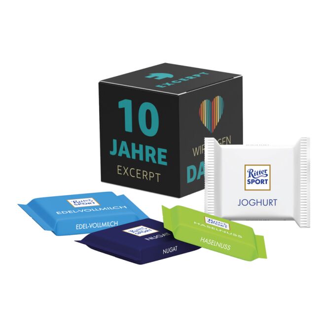 Premium-Werbeartikel Ritter SPORT mini Werbewürfel – mit schokolade sortenrein – mit individueller Banderole für Kunden und Mitarbeiter