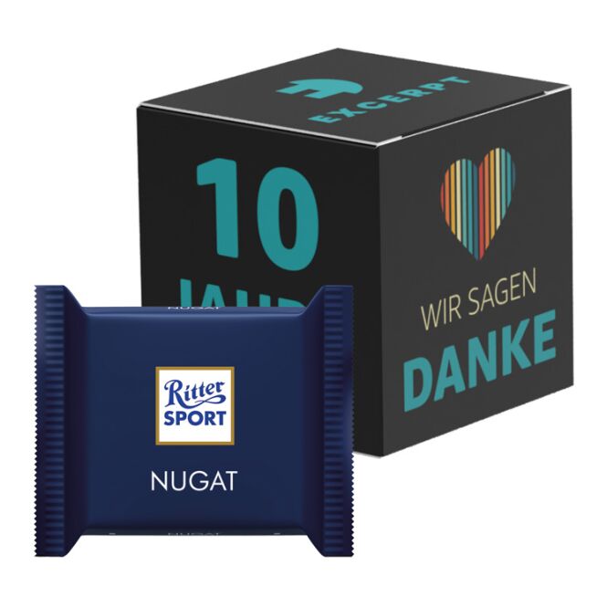 Premium-Werbeartikel Ritter SPORT mini Werbewürfel – mit bunter schokolade – inkl. Werbeaufdruck für Messen und Events an potenzielle Kunden