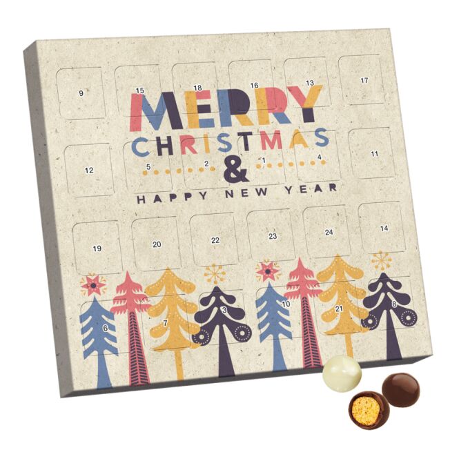 Firmengeschenk Adventskalender XS Graspapier – natur – mit individuellem Werbedruck aus kompostierbarem Inlay nachhaltiges Printprodukt