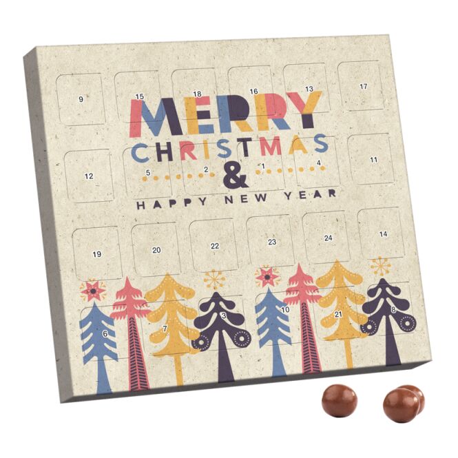 Firmengeschenk Adventskalender XS Graspapier – natur – mit individuellem Werbedruck aus kompostierbarem Inlay nachhaltiges Give-away