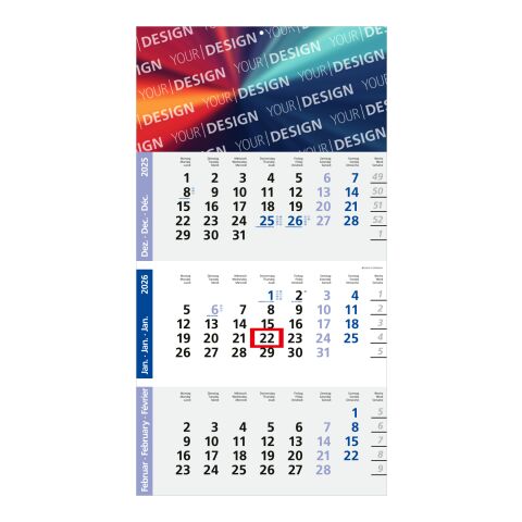 3-Monatskalender Logic 3 Post Bestseller (Einblatt) Hellgrau-rot | ohne Werbeanbringung