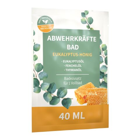 40 ml Abwehrkräftebad &quot;Eukalyptus-Honig&quot; (Sachet) - Soft Touch Print Weiß | ohne Werbeanbringung