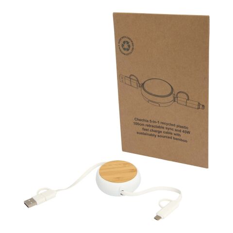 Chechia 100cm 5-in-1 Kabel aus recyceltem Kunststoff, einziehbar, für Datenübertragung und 45W Schnellladung mit Bambusdetails Standard | weiß | ohne Werbeanbringung | Nicht verfügbar | Nicht verfügbar