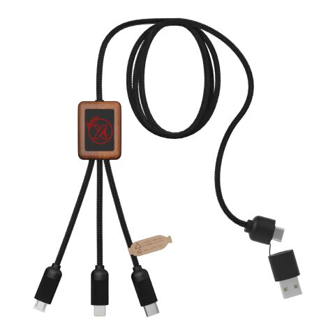 SCX.design C38 5-in-1 Ladekabel aus rPET in quadratischem Bambusgehäuse mit Leuchtlogo Standard | rot-holz | ohne Werbeanbringung | Nicht verfügbar | Nicht verfügbar