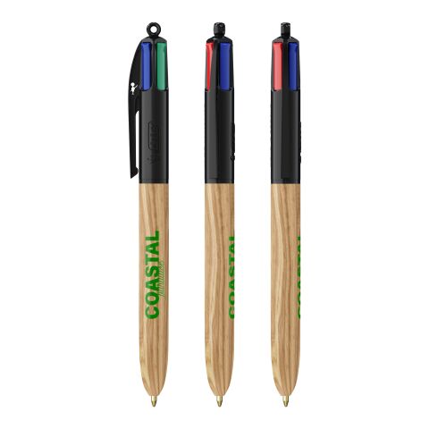 BIC® 4 Colours Wood Style Schwarz-beige | 1-farbiger Siebdruck | Schaft-Rechts vom Clip | 30.00 mm x 43.00 mm