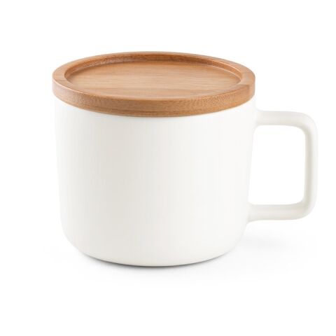 FANGIO. Tasse aus Keramik 220ml mit Deckel aus Bambus, der als Untersetzer dient Weiß