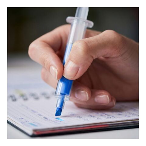 Spritzen-Textmarker Blau Weiss-Blau Weiss | 1-farbiger Tampondruck | Seite 1 | 50 mm x 8 mm | Nicht verfügbar