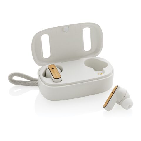 TWS-Ohrhörer aus recyceltem RCS-Kunststoff und FSC®-Bambus weiß | ohne Werbeanbringung | Nicht verfügbar | Nicht verfügbar