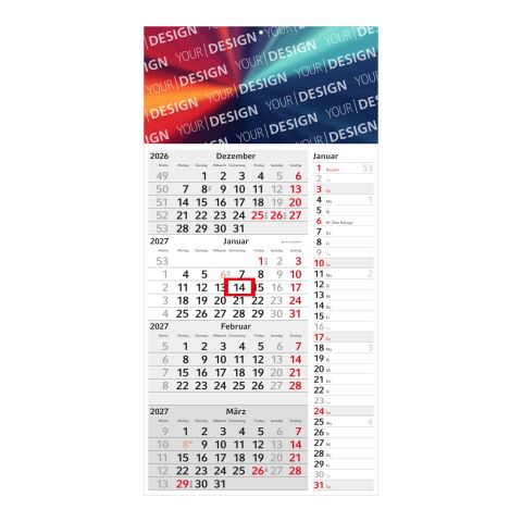 4-Monatskalender Einblatt Konzept 4 Post EXPRESS mit Streifenkalendarium Hellgrau | 300 × 600 mm | ohne Werbeanbringung