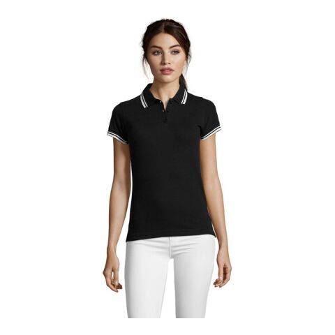 PASADENA Damen Polo 200g schwarz / weiß | L | 1-farbiger Siebdruck | Vorderseite Brust | 100 mm x 100 mm | Nicht verfügbar