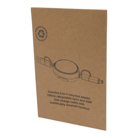 Chechia 100cm 5-in-1 Kabel aus recyceltem Kunststoff, einziehbar, für Datenübertragung und 45W Schnellladung mit Bambusdetails Standard | weiß | ohne Werbeanbringung | Nicht verfügbar | Nicht verfügbar