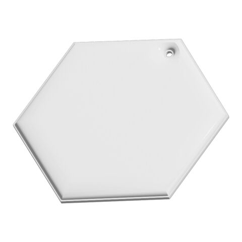 RFX™ sechseckiger reflektierender PVC-Aufhänger weiß | 1-farbiger Siebdruck | Rückseite | 56 mm x 48 mm