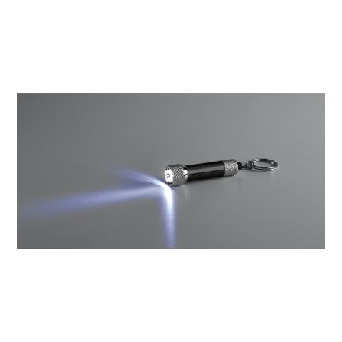 RE-LERGAN. Schlüsselanhänger aus Aluminium (92% recycelt) mit 3-Licht-LED-Taschenlampe Schwarz | ohne Werbeanbringung