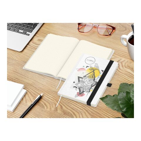 Notizbuch Match-Book Naturpapier-Hardcover individuell bedruckt Schwarz | DIN A5 | ohne Werbeanbringung | Weiß | Cremefarben/Punktraster