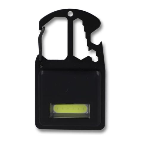 Kompaktes Multitool aus R-ABS &amp; Metall 7 Funktionen Schwarz | 1-farbiger Tampondruck | Vorderseite | 30 mm x 15 mm | Nicht verfügbar