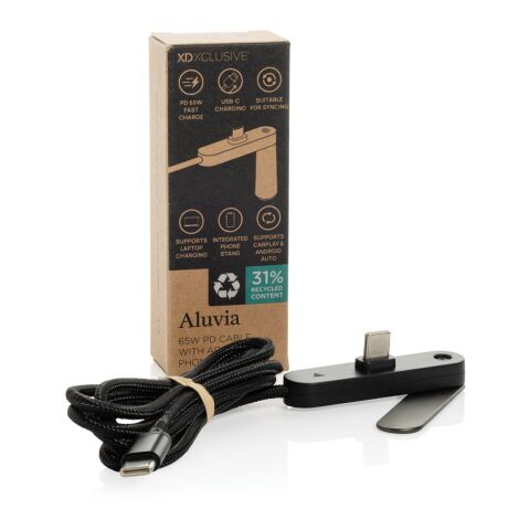 Aluvia RCS 65W-PD-Kabel mit verstellbarem Handyhalter schwarz | ohne Werbeanbringung | Nicht verfügbar | Nicht verfügbar