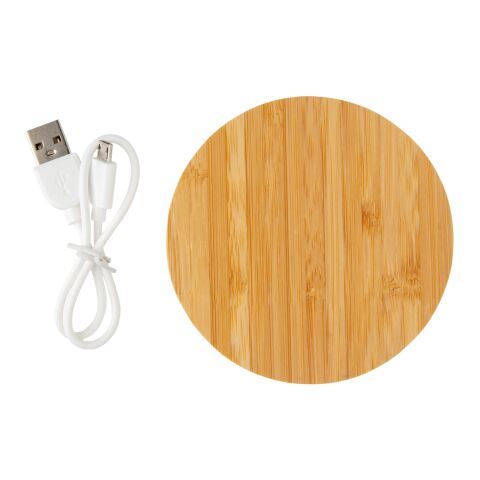Rundes FSC®zertifiziertes kabelloses 5W-Ladegerät aus Bambus braun | ohne Werbeanbringung | Nicht verfügbar | Nicht verfügbar