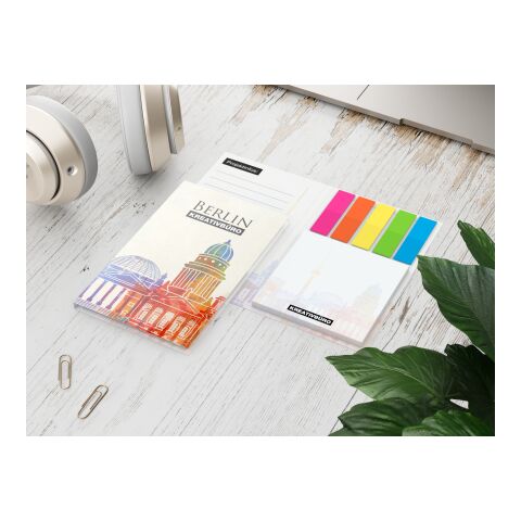 Haftnotiz-Set Berlin Zettel quadratisch Karton-Umschlag mit Buchöffnung 79 × 128 mm | ohne Werbeanbringung | ohne Werbeanbringung | ohne Werbeanbringung | transparente, farbige Folie | Naturkarton weiß