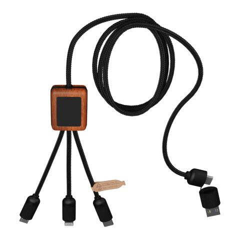 SCX.design C38 5-in-1 Ladekabel aus rPET in quadratischem Bambusgehäuse mit Leuchtlogo Standard | blau-holz | ohne Werbeanbringung | Nicht verfügbar | Nicht verfügbar