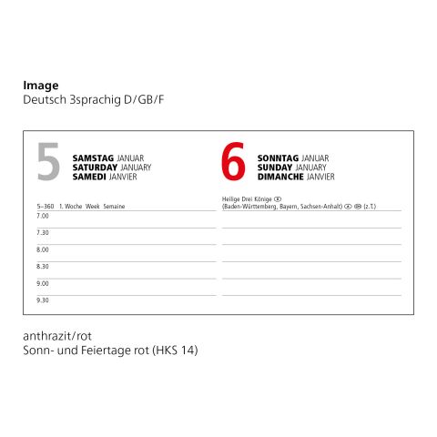 Tageskalender Image Mo.–Fr. je 1 Seite 352 Seiten Kunstleder-Hardcover Schwarz | DIN A5 | ohne Werbeanbringung | Kupferprägung inkl.