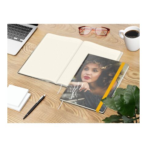 Notizbuch Match-Book Papier-Hardcover individuell bedruckt Gelb | DIN A4 | ohne Werbeanbringung | matt | Cremefarben/Winkelkaro