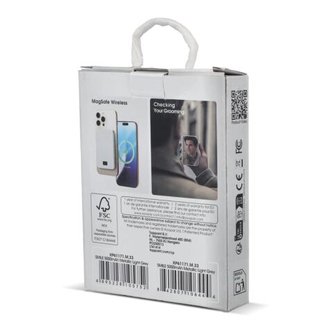 Xoopar Smile Wireless Mirror Powerbank Kompatibel mit MagSafe 5000mAh Hellgrau | Gravur | Rückseite | 60 mm x 75 mm