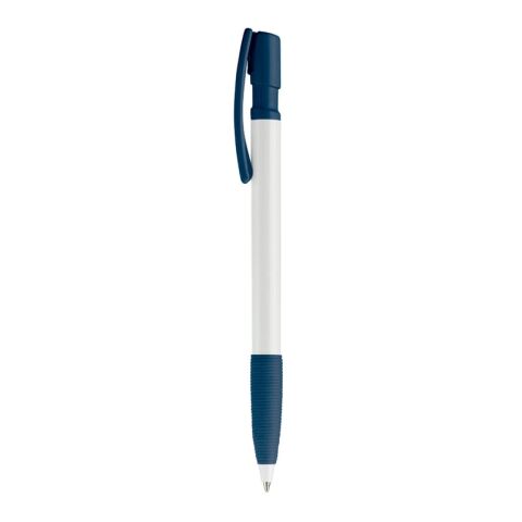 Kugelschreiber Nash Hardcolour mit Gummigriff Weiss-Dunkelblau | 1-farbiger Siebdruck | 90° vom Clip | 33 mm x 25 mm | Nicht verfügbar