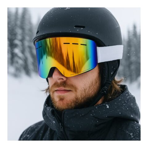 Skibrille für den Freizeitbereich - Kategorie 3, EN 174 zertifiziert Weiss | Sublimation | linke Seite des Riemens | 140 mm x 42 mm
