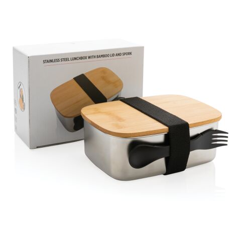 Stainless Steel Lunchbox mit Bambus-Deckel und Göffel silber | ohne Werbeanbringung | Nicht verfügbar | Nicht verfügbar
