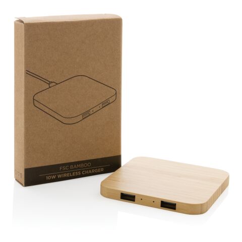 10W Wireless-Charger mit USB aus FSC®-Bambus braun | ohne Werbeanbringung | Nicht verfügbar | Nicht verfügbar