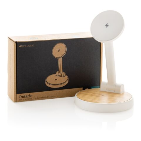 Ontario 2-in-1 15W magnetischer Ladeständer aus RCS rPlastik weiß | ohne Werbeanbringung | Nicht verfügbar | Nicht verfügbar