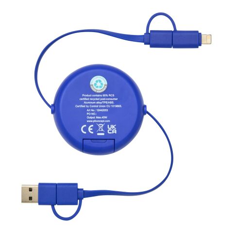 Alasia 100 cm 5-in-1 Kabel aus recyceltem Kunststoff und Aluminium, einziehbar, für Datenübertragung und mit 45W Schnellladung Standard | royalblau | ohne Werbeanbringung | Nicht verfügbar | Nicht verfügbar