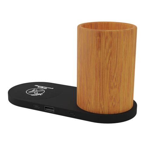 SCX.design W17 kabelloses 10W Ladepad mit Bambus-Stifthalter und Leuchtlogo holz-schwarz | ohne Werbeanbringung | Nicht verfügbar | Nicht verfügbar
