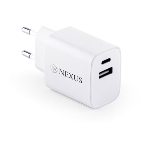 WEGENER. Ladegerät mit USB-A Anschluss 18W und USB-C 20W in Recyceltes ABS (100% rABS) weiß | ohne Werbeanbringung | Nicht verfügbar | Nicht verfügbar | Nicht verfügbar