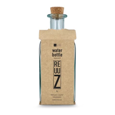 InSideOut Square Recycelte Glaswasserflasche ReuuZ mit Korkverschluss 1 l Transparent