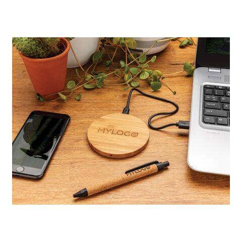 Rundes FSC®zertifiziertes kabelloses 5W-Ladegerät aus Bambus braun | ohne Werbeanbringung | Nicht verfügbar | Nicht verfügbar