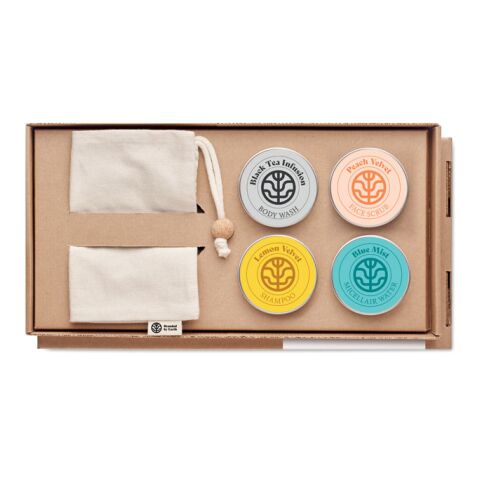 Veganes Reise-Körperpflege-Set &quot;Elegance&quot; im Baumwollbeutel holzfarben | ohne Werbeanbringung | Nicht verfügbar | Nicht verfügbar | Nicht verfügbar