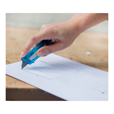 Cutter-Messer &#039;Mister&#039; mit Federkernautomatik aus Kunststoff Hellblau | ohne Werbeanbringung | Nicht verfügbar | Nicht verfügbar