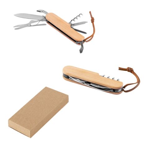 RYKER. Multifunktionales Taschenmesser aus Bambus und Edelstahl mit PU-Griff Beige | ohne Werbeanbringung
