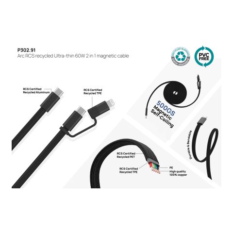 Arc ultradünnes 60W 2-in-1 Magnetkabel schwarz | ohne Werbeanbringung | Nicht verfügbar | Nicht verfügbar