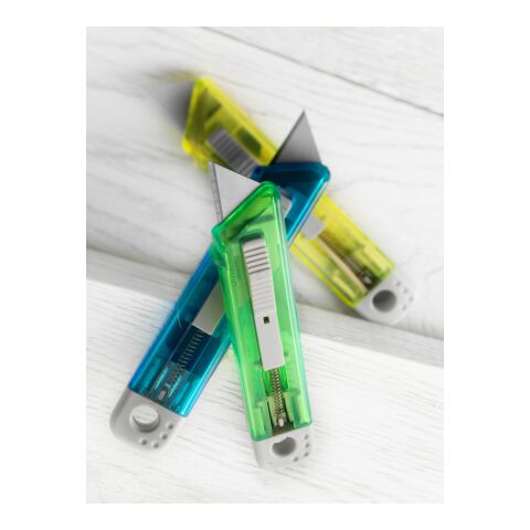 Cutter-Messer &#039;Mister&#039; mit Federkernautomatik aus Kunststoff Hellblau | ohne Werbeanbringung | Nicht verfügbar | Nicht verfügbar